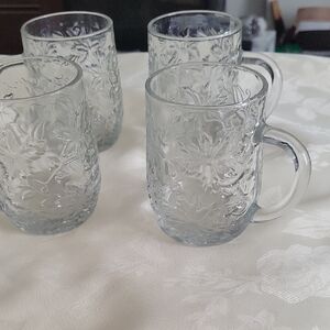 Princess House Clear Embossed Floral Glass Mugs - Set of 4